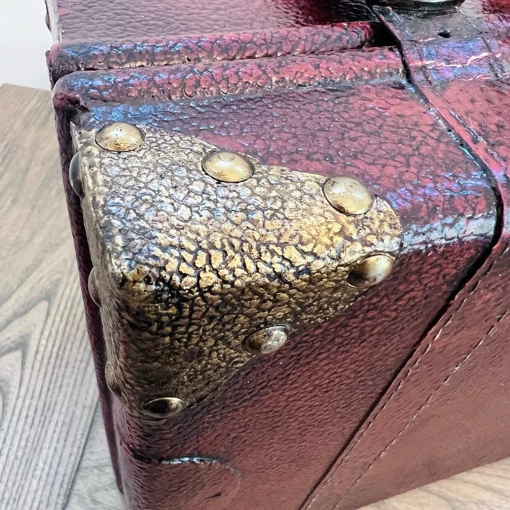 Vintage 90s Burgundy Faux Leather Decorative Trunk Storage Chest Brass Accents